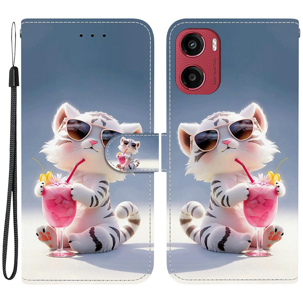 For Motorola Moto G05 4G  /  E15 4G Case Pattern Printing Anti-Drop Leather Flip Wallet Phone Cover with Lanyard