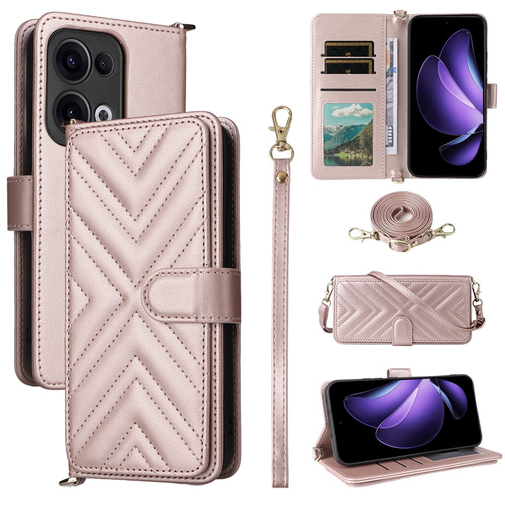 For Oppo Reno13 5G (Global) Wallet Case with Shoulder / Wrist Strap Leather Phone Cover Stand