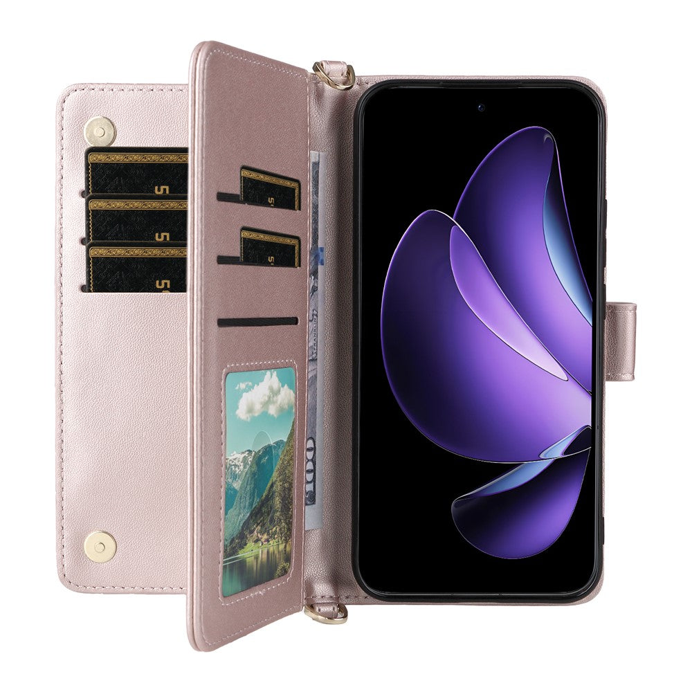 For Oppo Reno13 5G (Global) Wallet Case with Shoulder / Wrist Strap Leather Phone Cover Stand