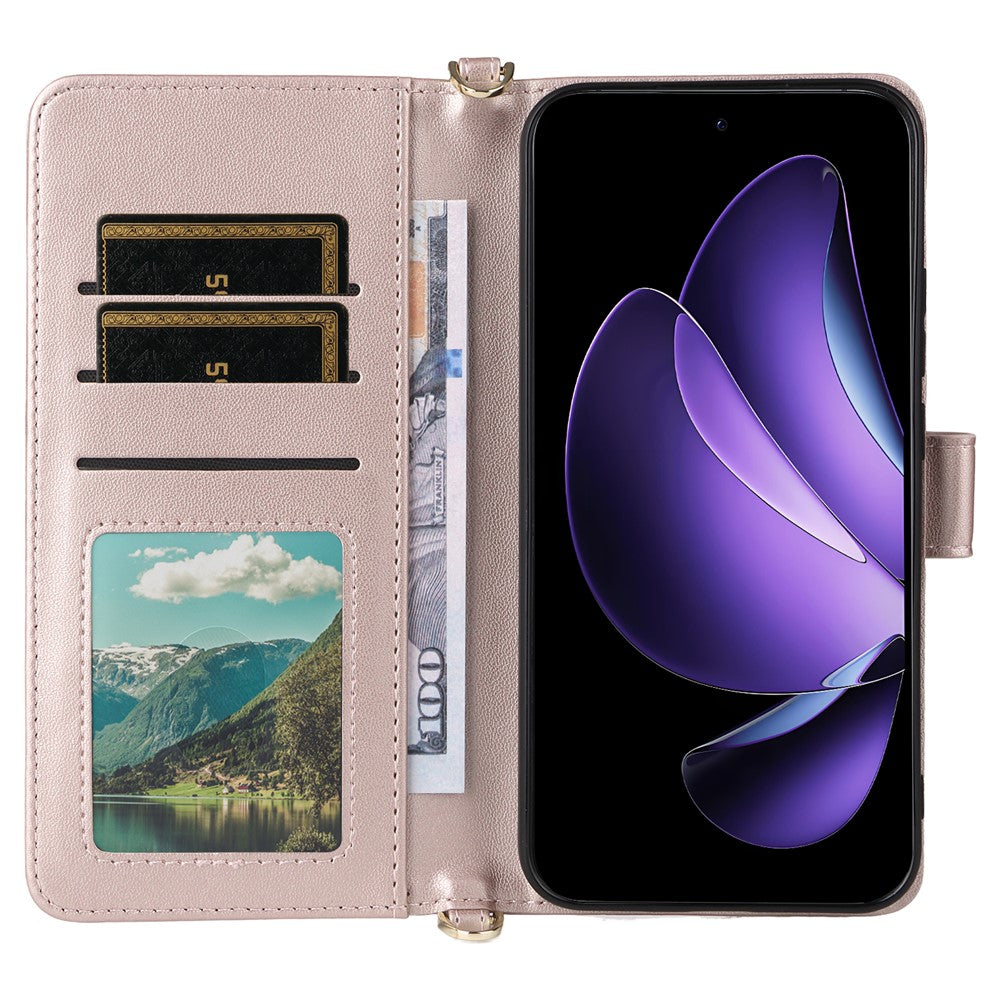 For Oppo Reno13 5G (Global) Wallet Case with Shoulder / Wrist Strap Leather Phone Cover Stand
