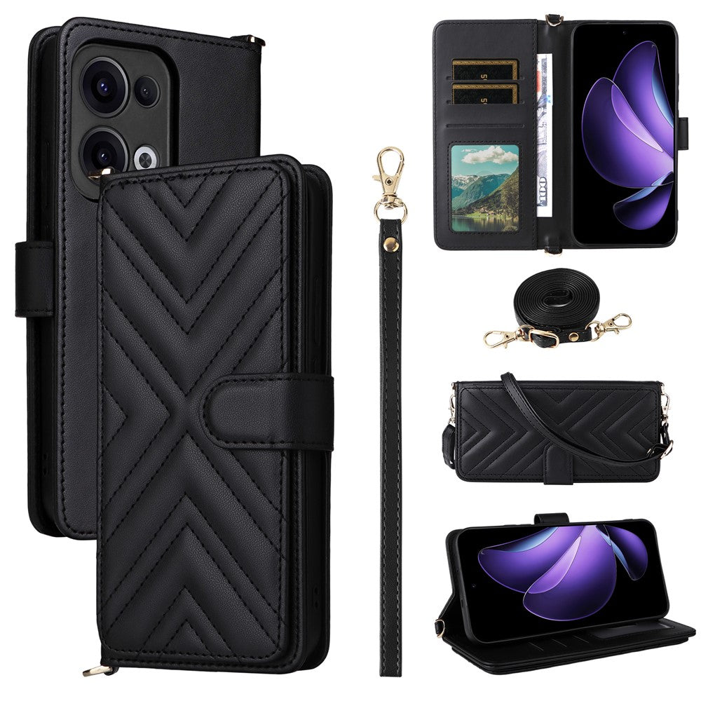 For Oppo Reno13 5G (Global) Wallet Case with Shoulder / Wrist Strap Leather Phone Cover Stand