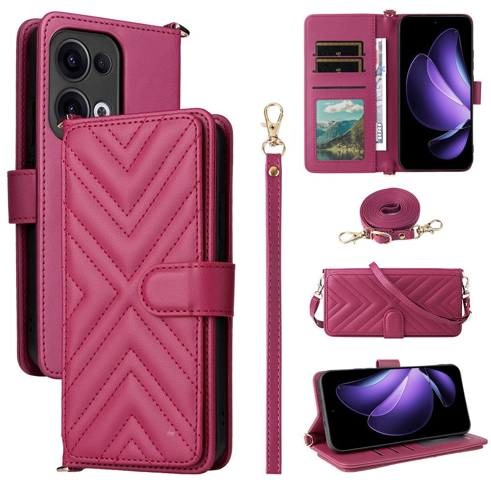 For Oppo Reno13 5G (Global) Wallet Case with Shoulder / Wrist Strap Leather Phone Cover Stand