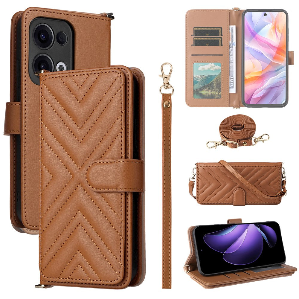 For Oppo Reno13 5G (Global) Wallet Case with Shoulder / Wrist Strap Leather Phone Cover Stand