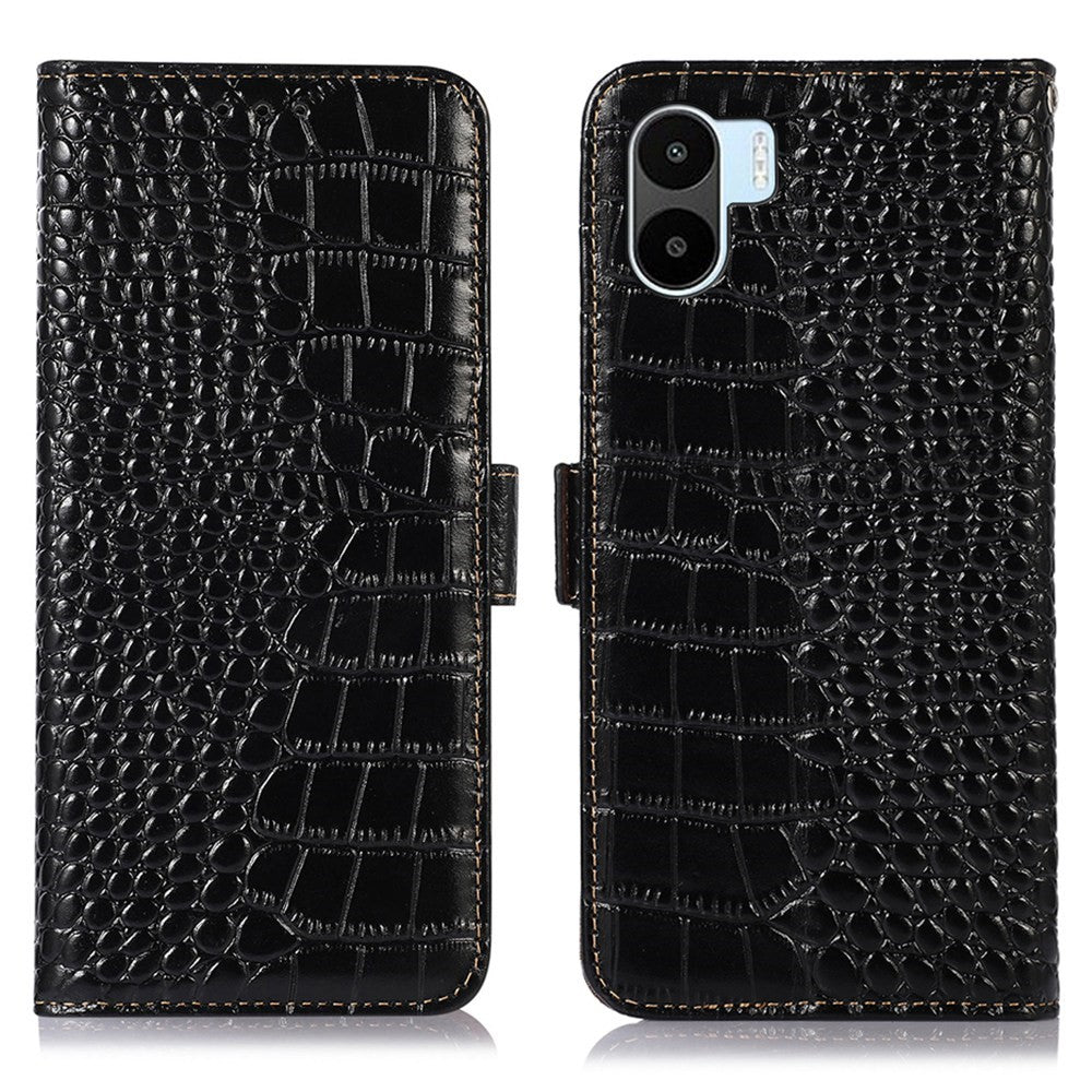 For Xiaomi Redmi A1 4G Drop-proof Genuine Cowhide Leather Smartphone Cover Stand RFID Blocking Crocodile Texture Wallet Case Phone Shell