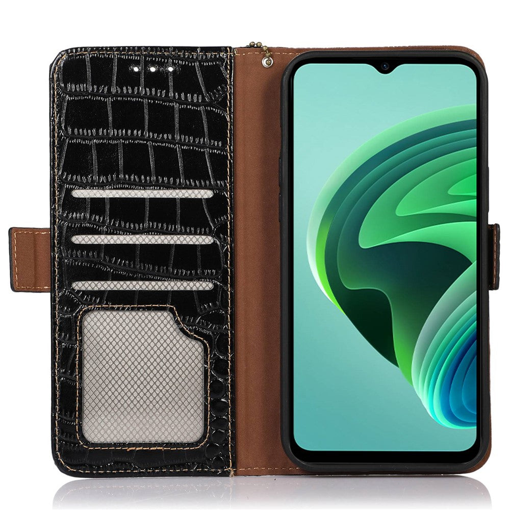 For Xiaomi Redmi A1 4G Drop-proof Genuine Cowhide Leather Smartphone Cover Stand RFID Blocking Crocodile Texture Wallet Case Phone Shell