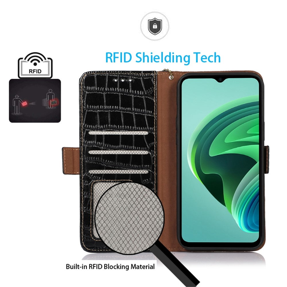 For Xiaomi Redmi A1 4G Drop-proof Genuine Cowhide Leather Smartphone Cover Stand RFID Blocking Crocodile Texture Wallet Case Phone Shell