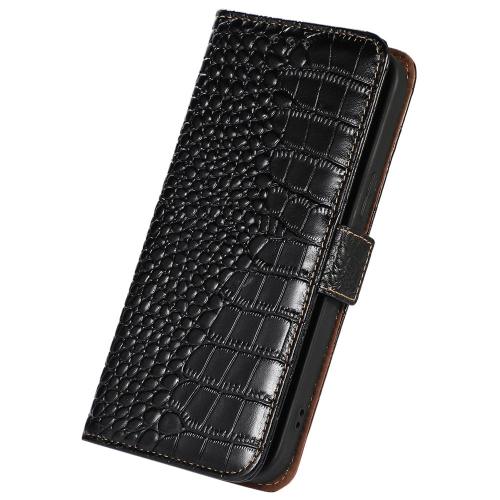 For Xiaomi Redmi A1 4G Drop-proof Genuine Cowhide Leather Smartphone Cover Stand RFID Blocking Crocodile Texture Wallet Case Phone Shell