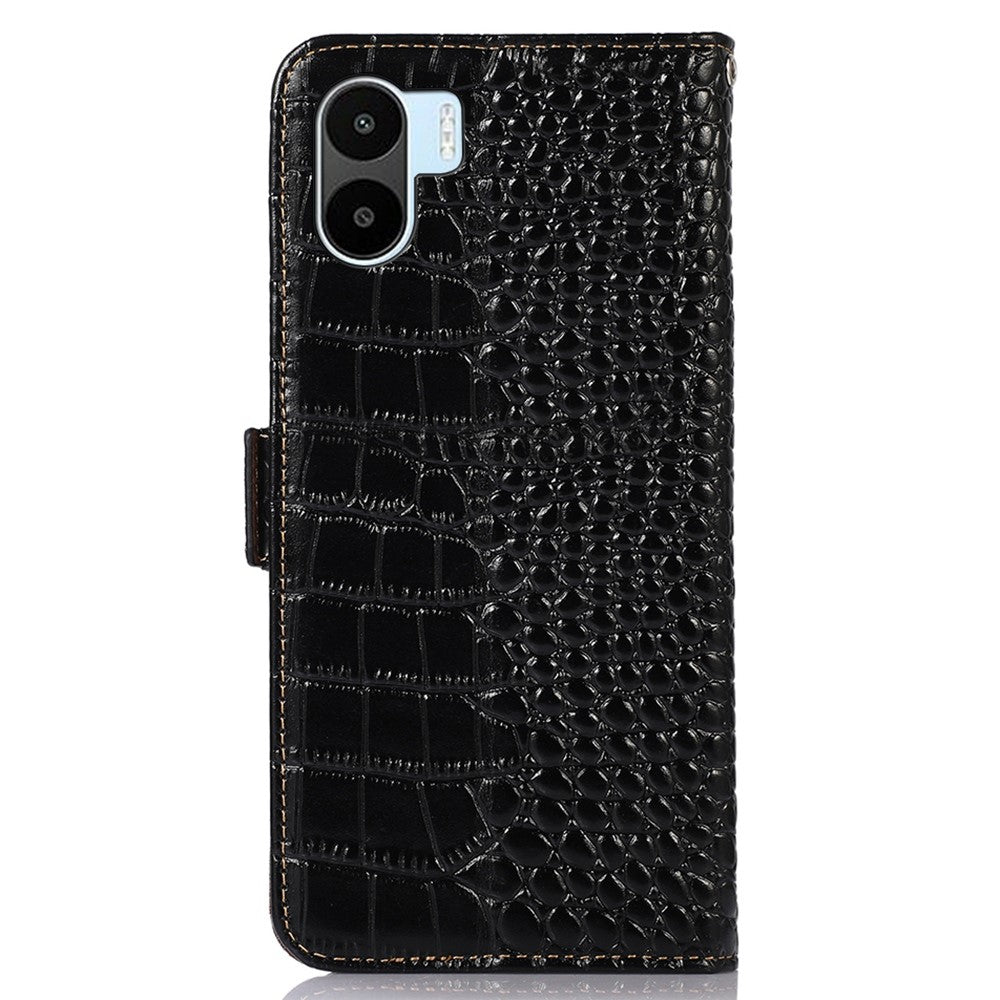 For Xiaomi Redmi A1 4G Drop-proof Genuine Cowhide Leather Smartphone Cover Stand RFID Blocking Crocodile Texture Wallet Case Phone Shell
