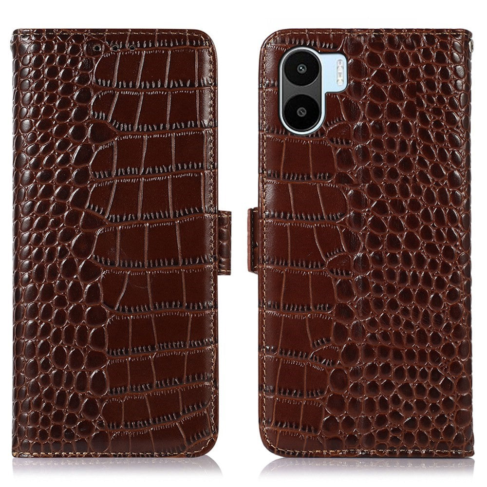 For Xiaomi Redmi A1 4G Drop-proof Genuine Cowhide Leather Smartphone Cover Stand RFID Blocking Crocodile Texture Wallet Case Phone Shell