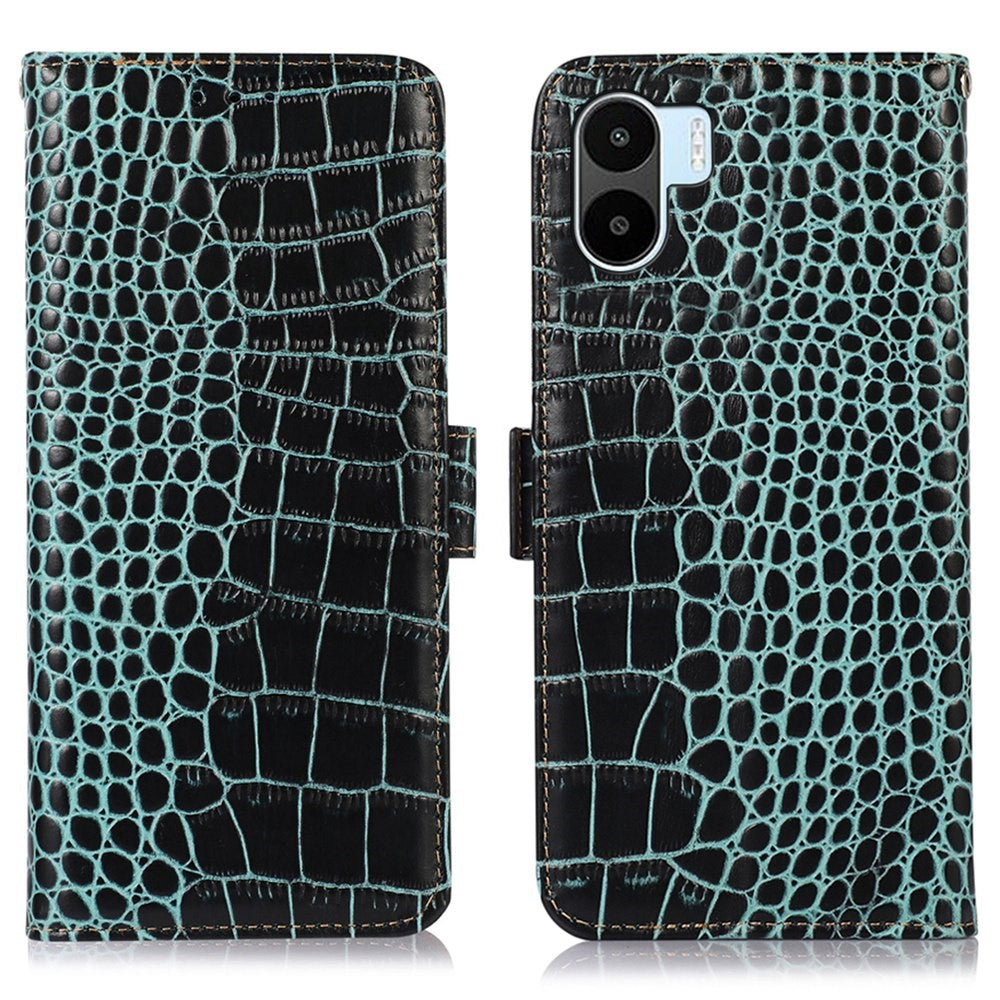 For Xiaomi Redmi A1 4G Drop-proof Genuine Cowhide Leather Smartphone Cover Stand RFID Blocking Crocodile Texture Wallet Case Phone Shell