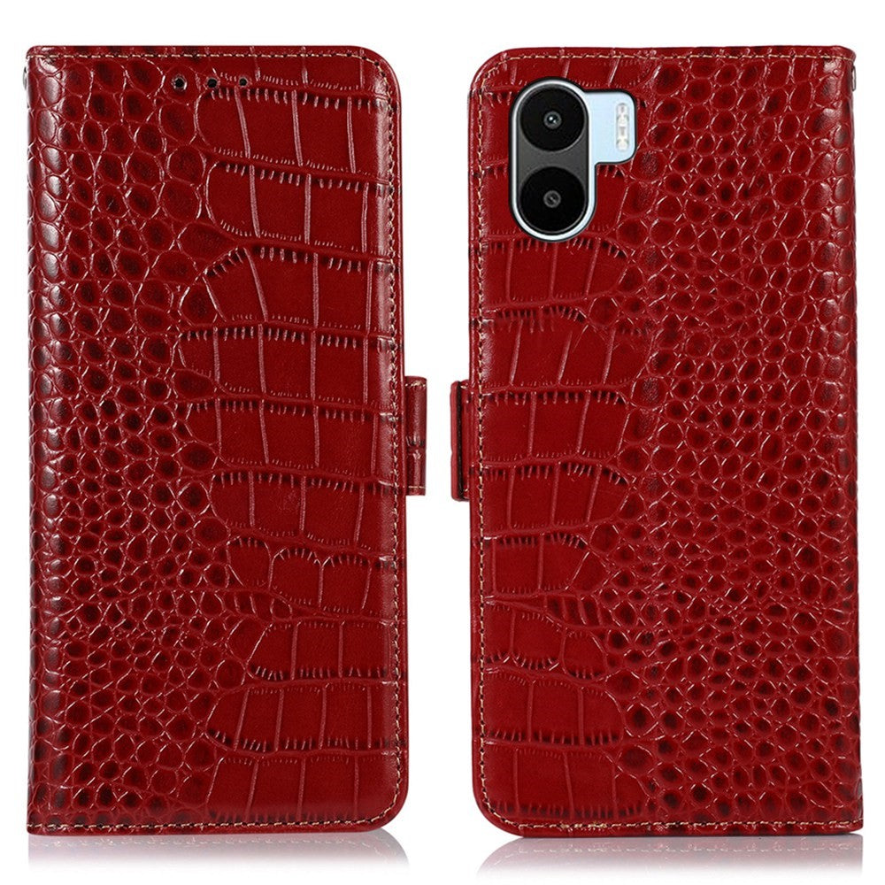 For Xiaomi Redmi A1 4G Drop-proof Genuine Cowhide Leather Smartphone Cover Stand RFID Blocking Crocodile Texture Wallet Case Phone Shell