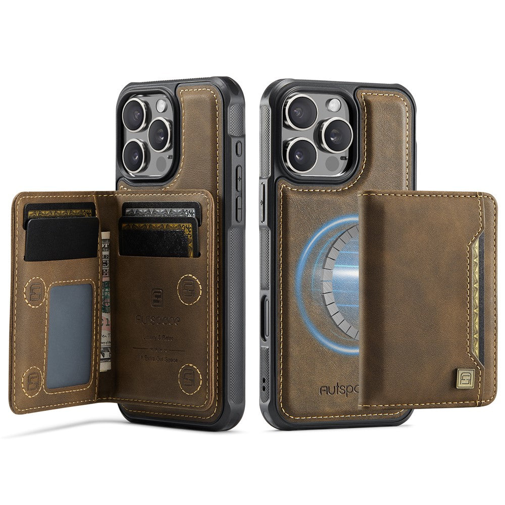 AUTSPACE For iPhone 16 Pro Case  A13 Vintage Leather Back Cover with Magnetic Detachable Card Bag