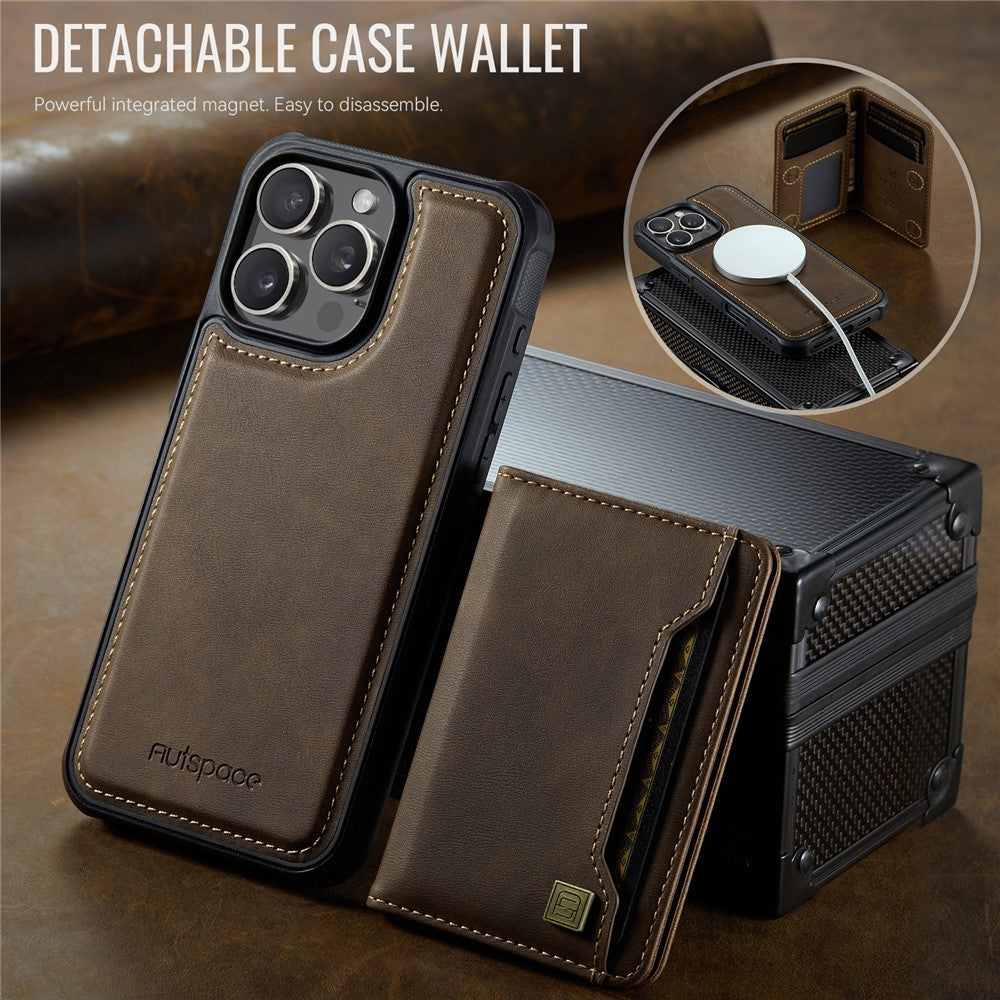 AUTSPACE For iPhone 16 Pro Case  A13 Vintage Leather Back Cover with Magnetic Detachable Card Bag