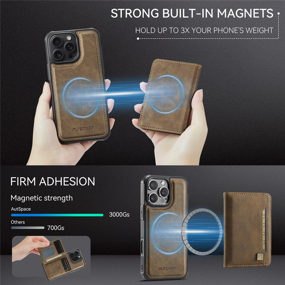 AUTSPACE For iPhone 16 Pro Case  A13 Vintage Leather Back Cover with Magnetic Detachable Card Bag