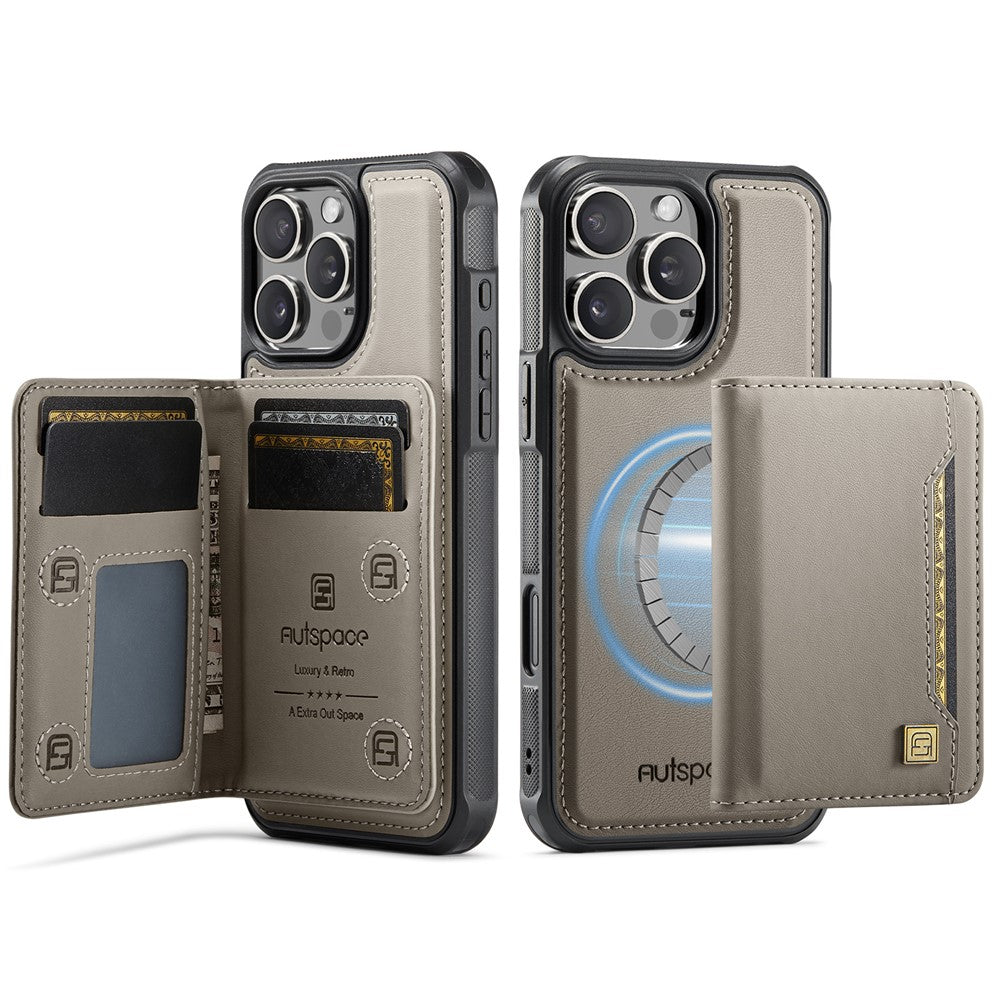 AUTSPACE For iPhone 16 Pro Case  A13 Vintage Leather Back Cover with Magnetic Detachable Card Bag