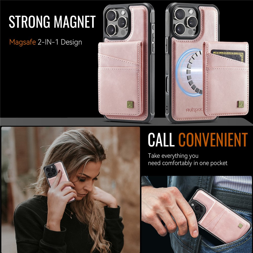AUTSPACE For iPhone 16 Pro Max Case  A12 Leather Back Cover with Magnetic Detachable Card Bag Kickstand