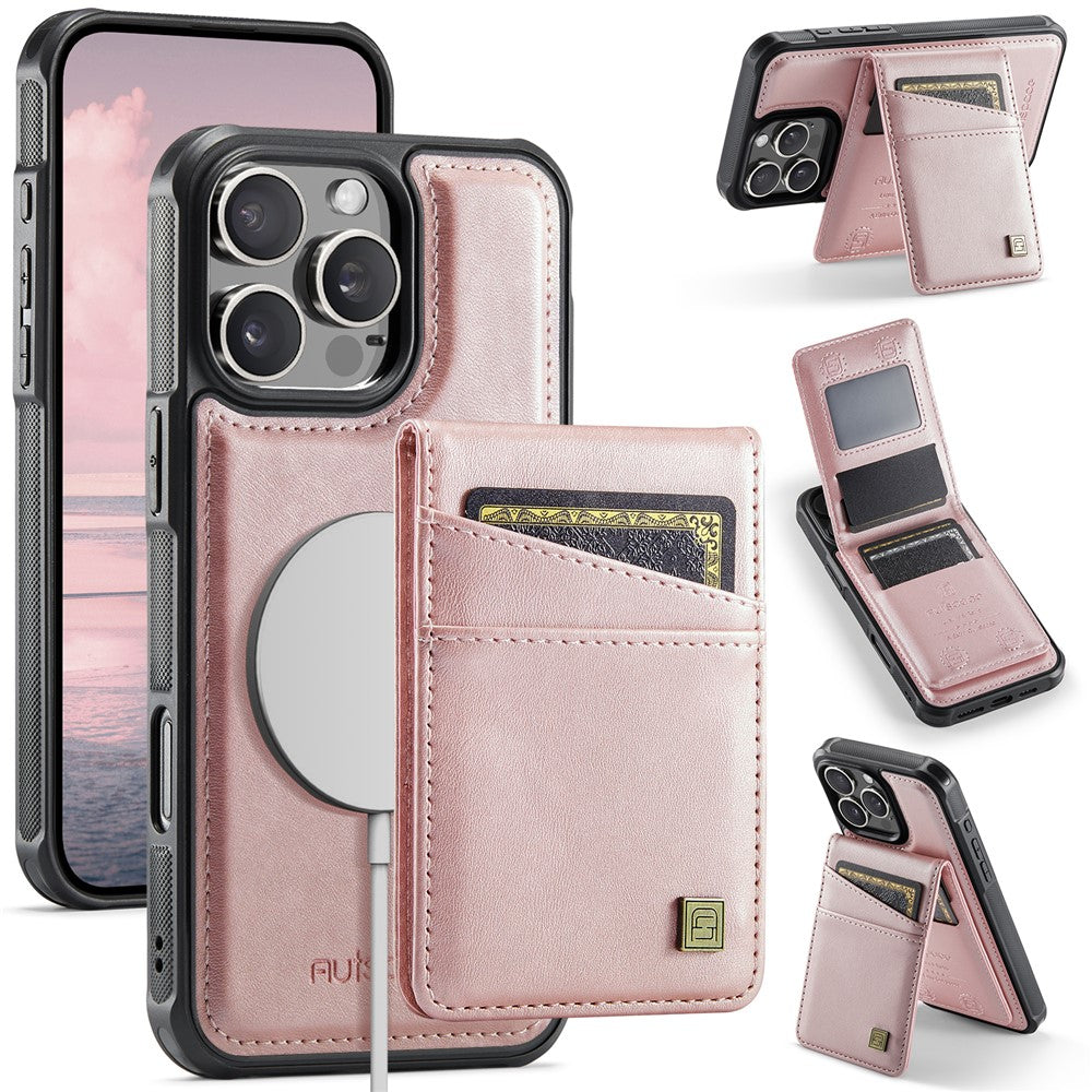 AUTSPACE For iPhone 16 Pro Max Case  A12 Leather Back Cover with Magnetic Detachable Card Bag Kickstand