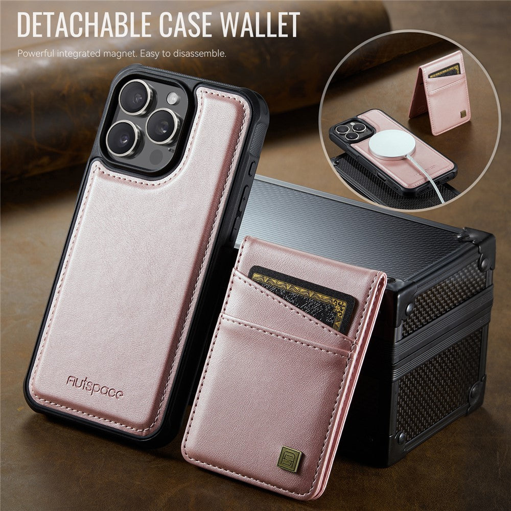 AUTSPACE For iPhone 16 Pro Max Case  A12 Leather Back Cover with Magnetic Detachable Card Bag Kickstand