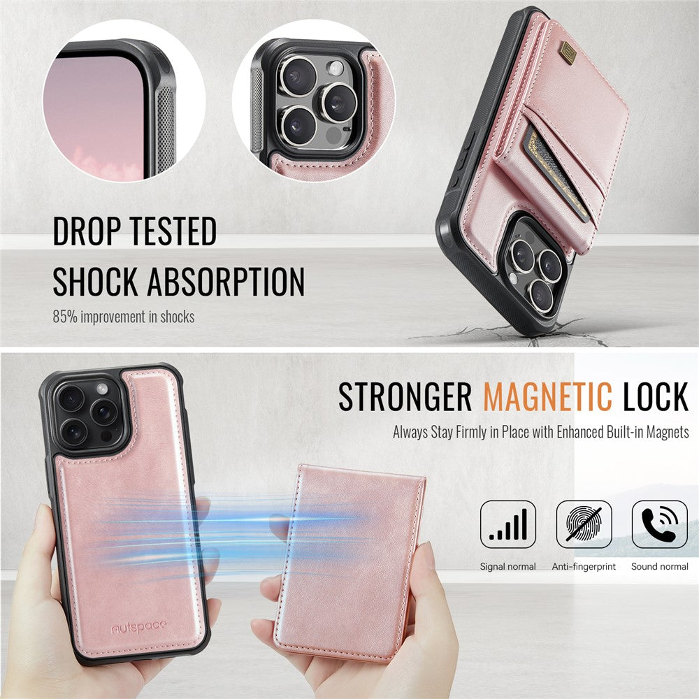 AUTSPACE For iPhone 16 Pro Max Case  A12 Leather Back Cover with Magnetic Detachable Card Bag Kickstand