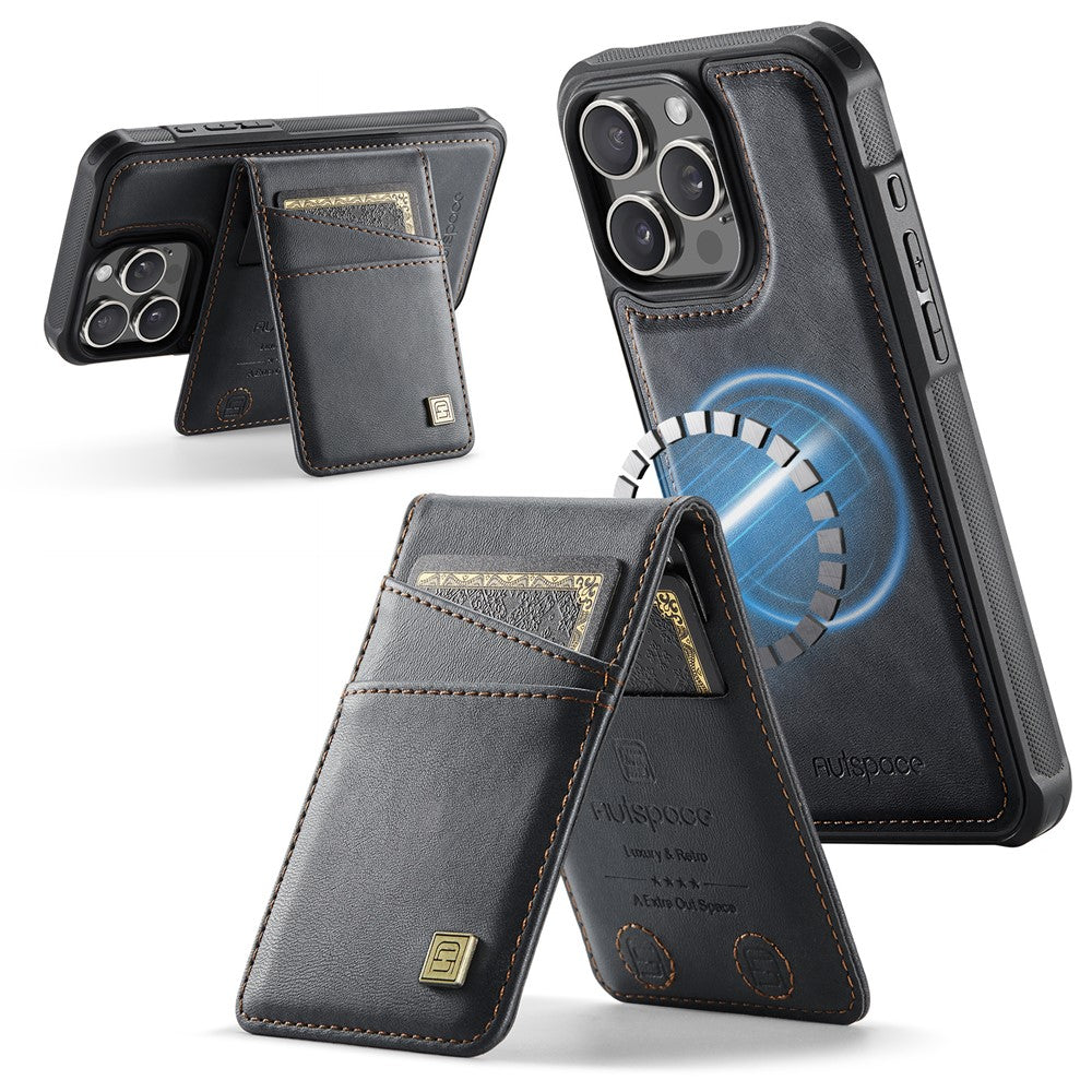 AUTSPACE For iPhone 16 Pro Max Case  A12 Leather Back Cover with Magnetic Detachable Card Bag Kickstand