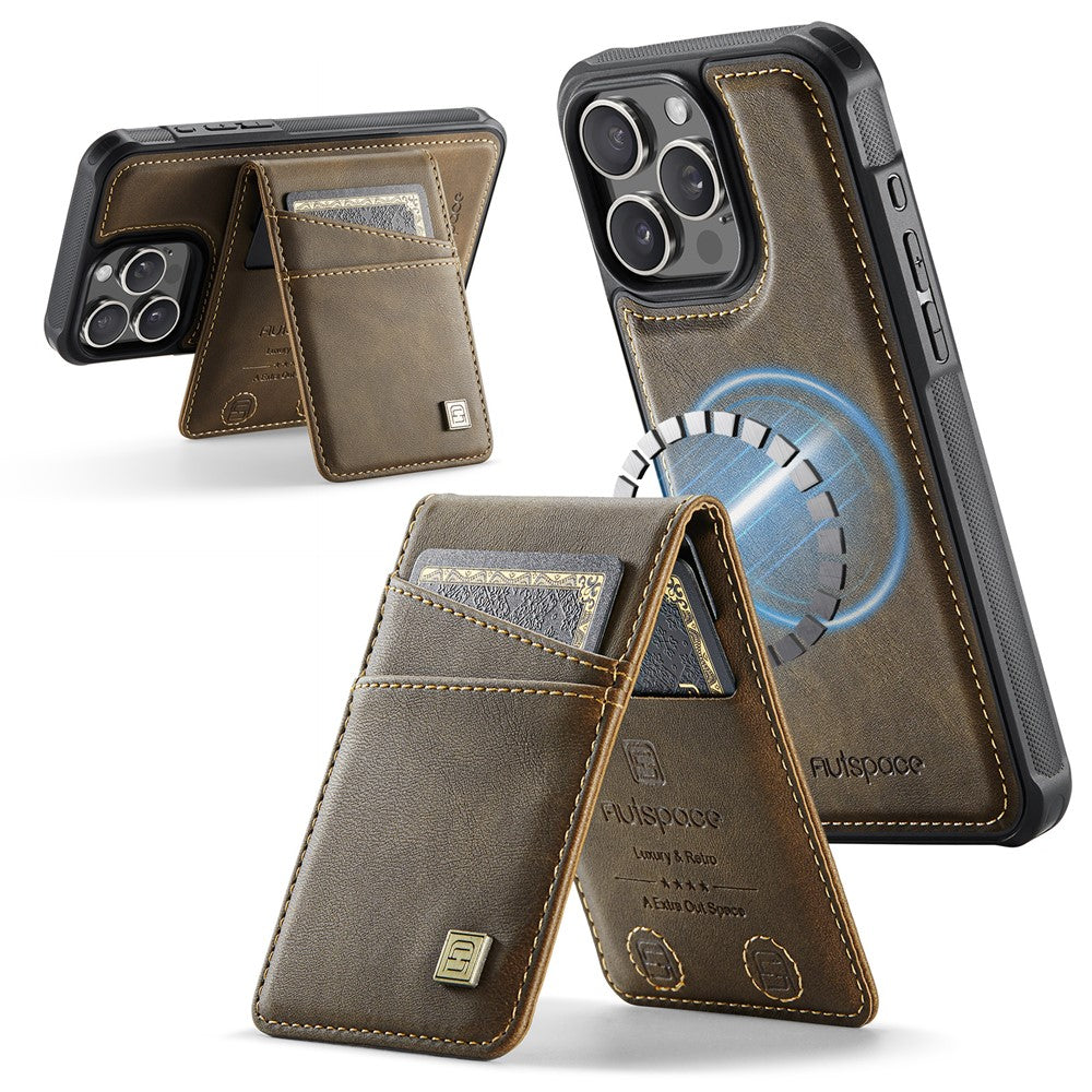 AUTSPACE For iPhone 16 Pro Max Case  A12 Leather Back Cover with Magnetic Detachable Card Bag Kickstand