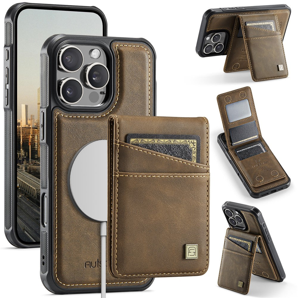 AUTSPACE For iPhone 16 Pro Case  A12 Leather Back Cover with Magnetic Detachable Card Bag Kickstand