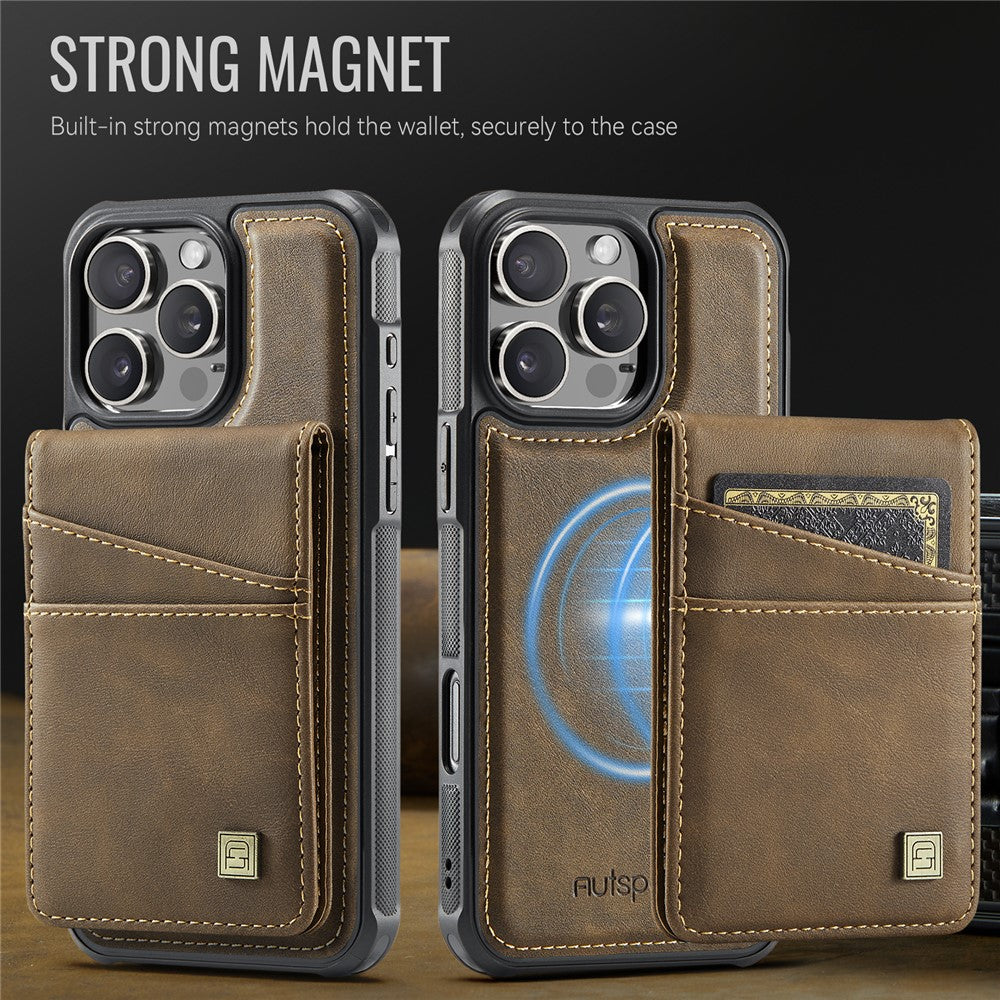 AUTSPACE For iPhone 16 Pro Case  A12 Leather Back Cover with Magnetic Detachable Card Bag Kickstand