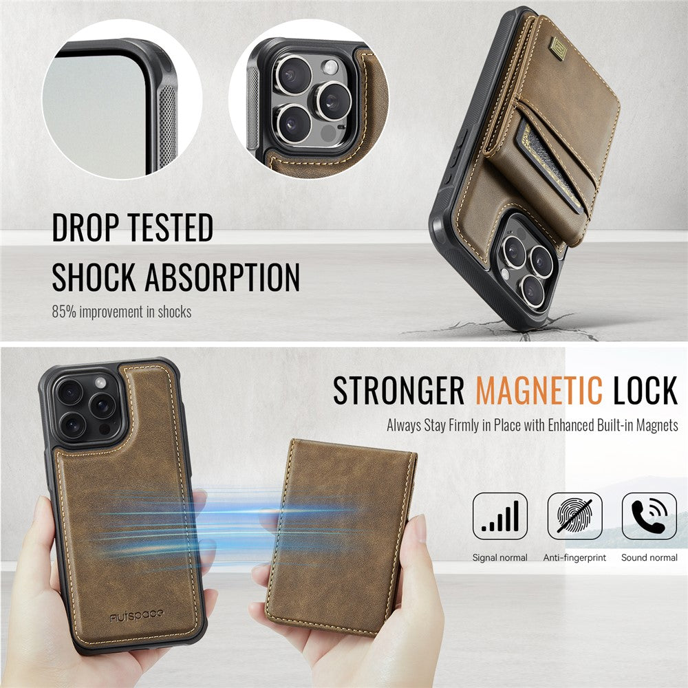 AUTSPACE For iPhone 16 Pro Case  A12 Leather Back Cover with Magnetic Detachable Card Bag Kickstand