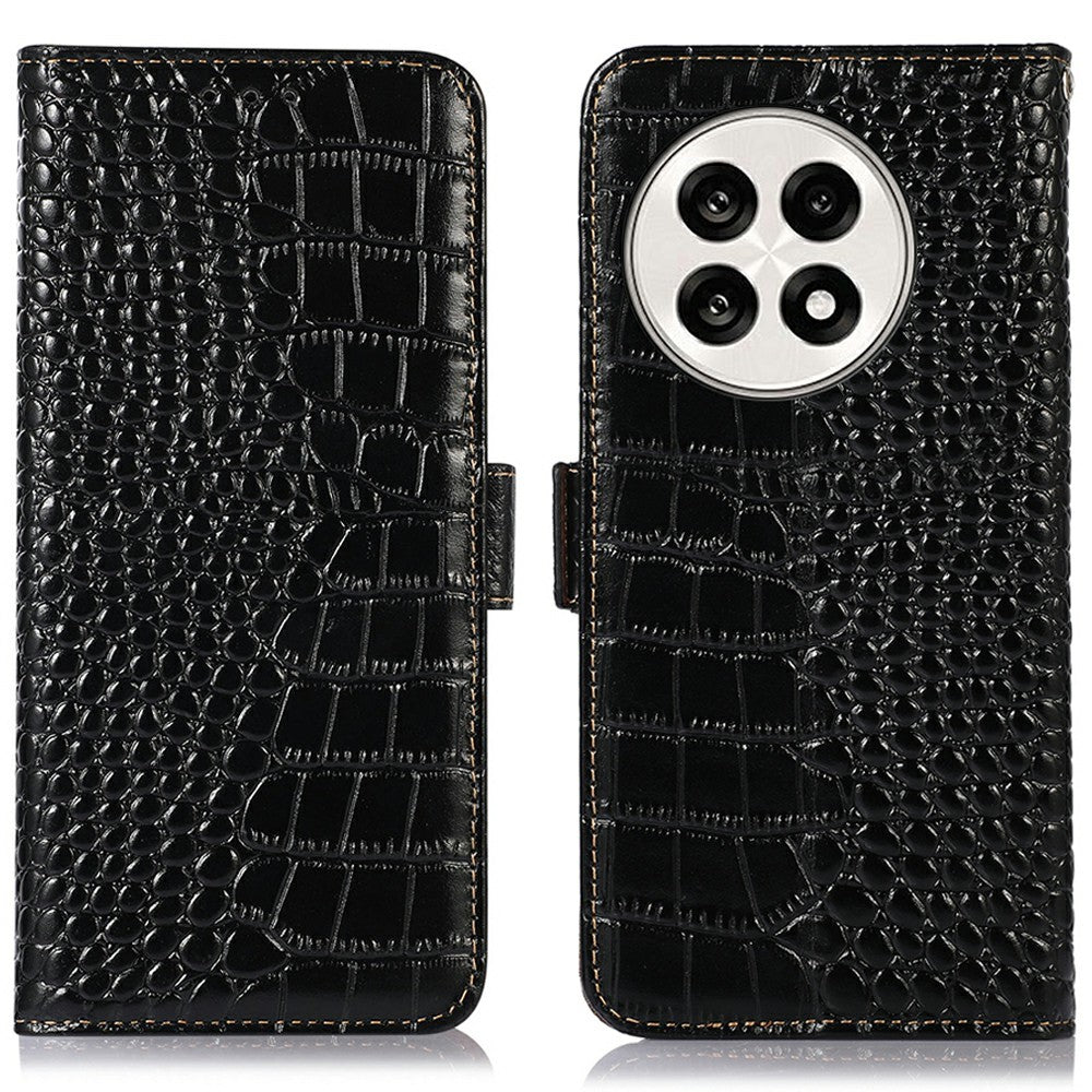 Genuine Cow Leather Phone Case for OnePlus Ace 5 Pro 5G / Ace 5 5G / 13R 5G Crocodile Texture Phone Wallet Cover
