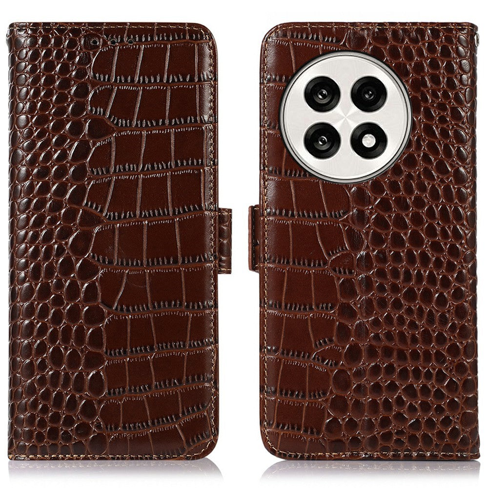 Genuine Cow Leather Phone Case for OnePlus Ace 5 Pro 5G / Ace 5 5G / 13R 5G Crocodile Texture Phone Wallet Cover