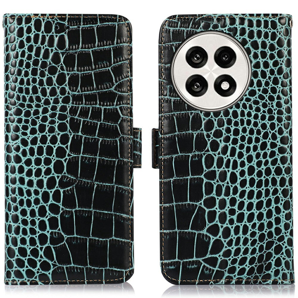 Genuine Cow Leather Phone Case for OnePlus Ace 5 Pro 5G / Ace 5 5G / 13R 5G Crocodile Texture Phone Wallet Cover