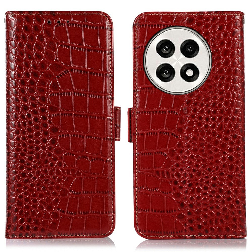 Genuine Cow Leather Phone Case for OnePlus Ace 5 Pro 5G / Ace 5 5G / 13R 5G Crocodile Texture Phone Wallet Cover