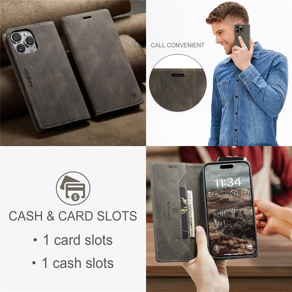 AUTSPACE Fodral till iPhone 16 Pro Max med plånbok A01 Läderställ med RFID-blockerande korthållare