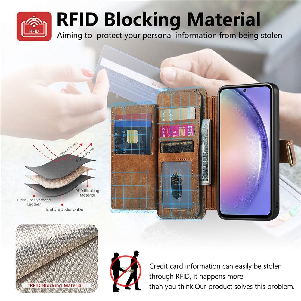 For Samsung Galaxy A25 5G (Global) (161.0 x 76.5 x 8.3mm) Magnetic Leather Case with Detachable RFID Blocking Zipper Wallet Cover
