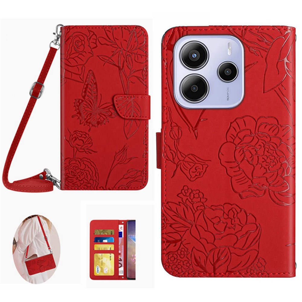 For Xiaomi Redmi Note 14 4G (163.25mm) Case Butterfly Flower Imprint Leather Phone Cover with Shoulder Strap