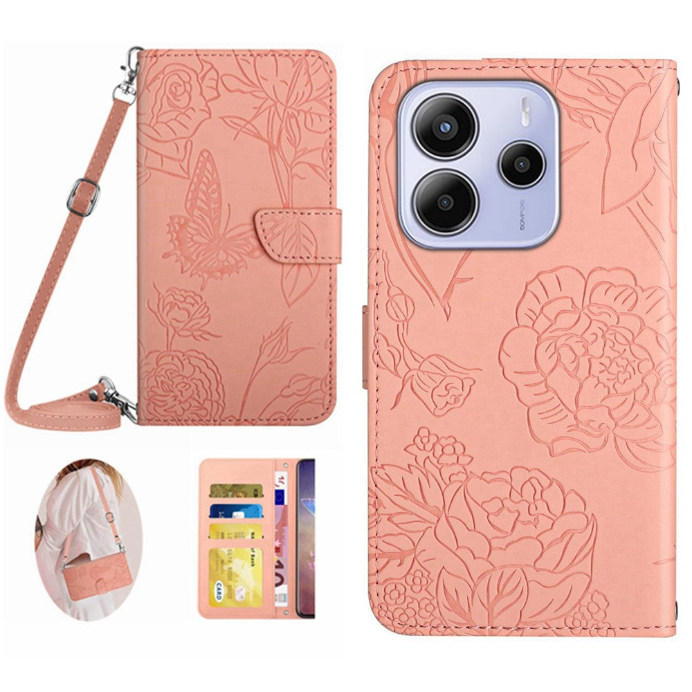 For Xiaomi Redmi Note 14 4G (163.25mm) Case Butterfly Flower Imprint Leather Phone Cover with Shoulder Strap