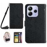 For Xiaomi Redmi Note 14 4G (163.25mm) Case Butterfly Flower Imprint Leather Phone Cover with Shoulder Strap