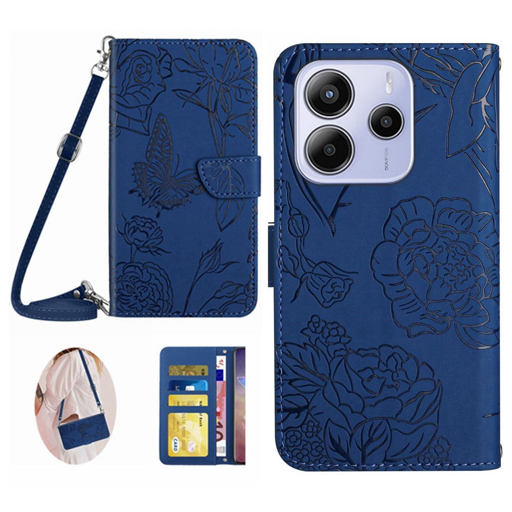 For Xiaomi Redmi Note 14 4G (163.25mm) Case Butterfly Flower Imprint Leather Phone Cover with Shoulder Strap