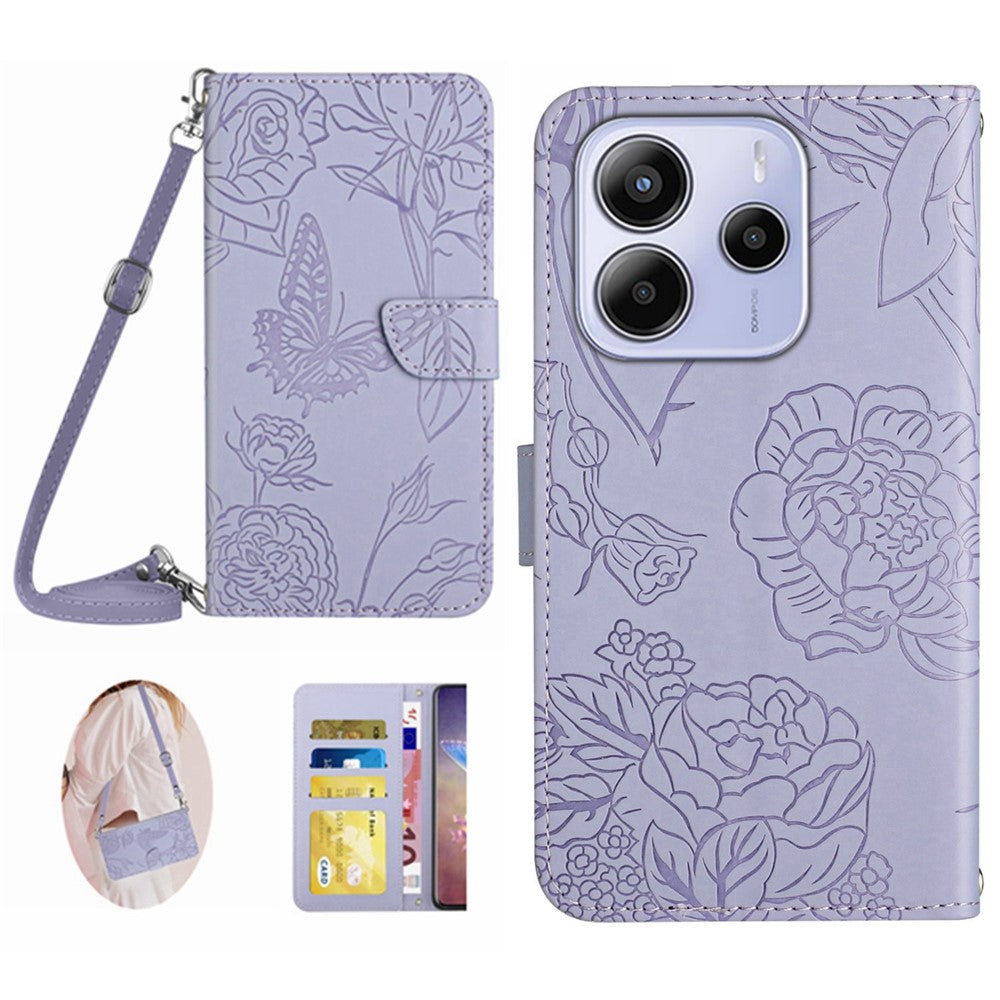 For Xiaomi Redmi Note 14 4G (163.25mm) Case Butterfly Flower Imprint Leather Phone Cover with Shoulder Strap