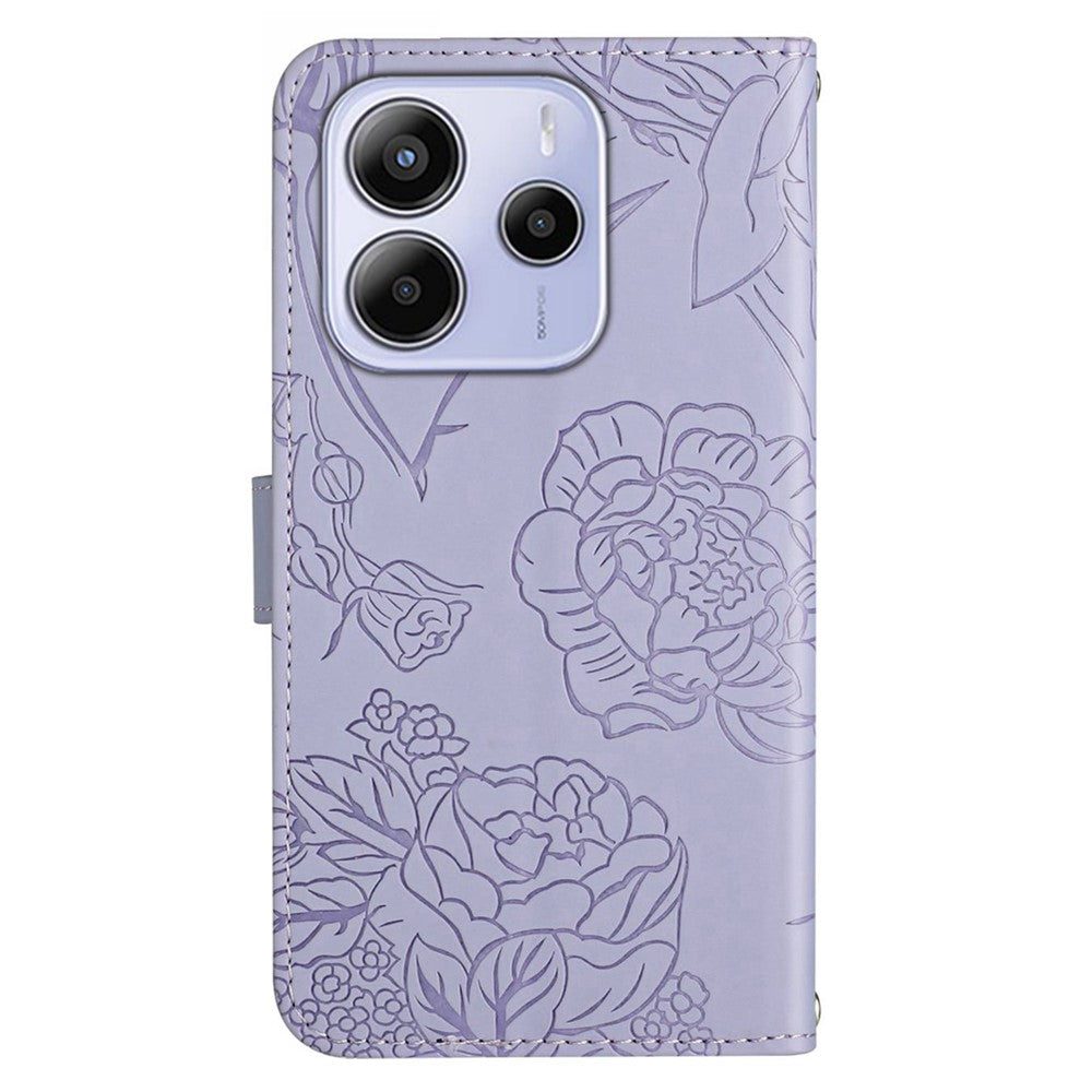 For Xiaomi Redmi Note 14 4G (163.25mm) Case Butterfly Flower Imprint Leather Phone Cover with Shoulder Strap