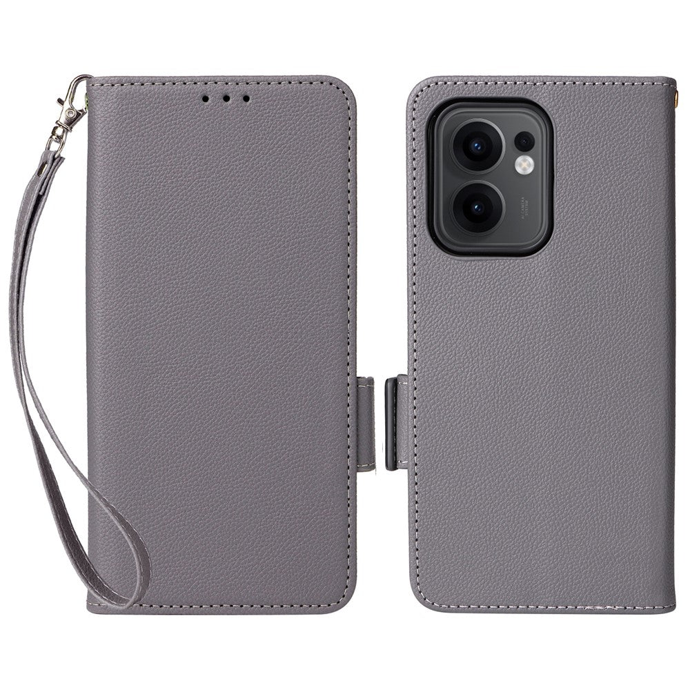 Oppo Reno13 F 5G (Reno 13 FS 5G) / 4G-skal med handledsrem, plånboksfodral i PU-läder med litchitextur