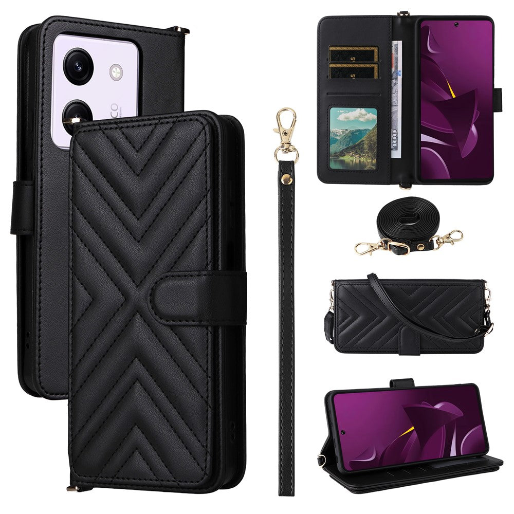 For Xiaomi Poco M7 Pro 5G Wallet Case with Shoulder / Wrist Strap Leather Phone Cover Stand