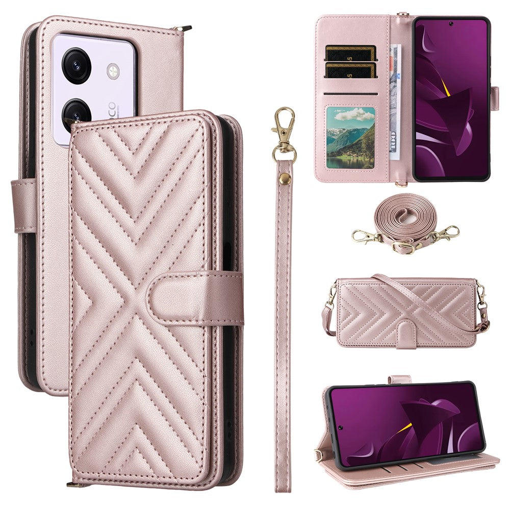 For Xiaomi Poco M7 Pro 5G Wallet Case with Shoulder / Wrist Strap Leather Phone Cover Stand