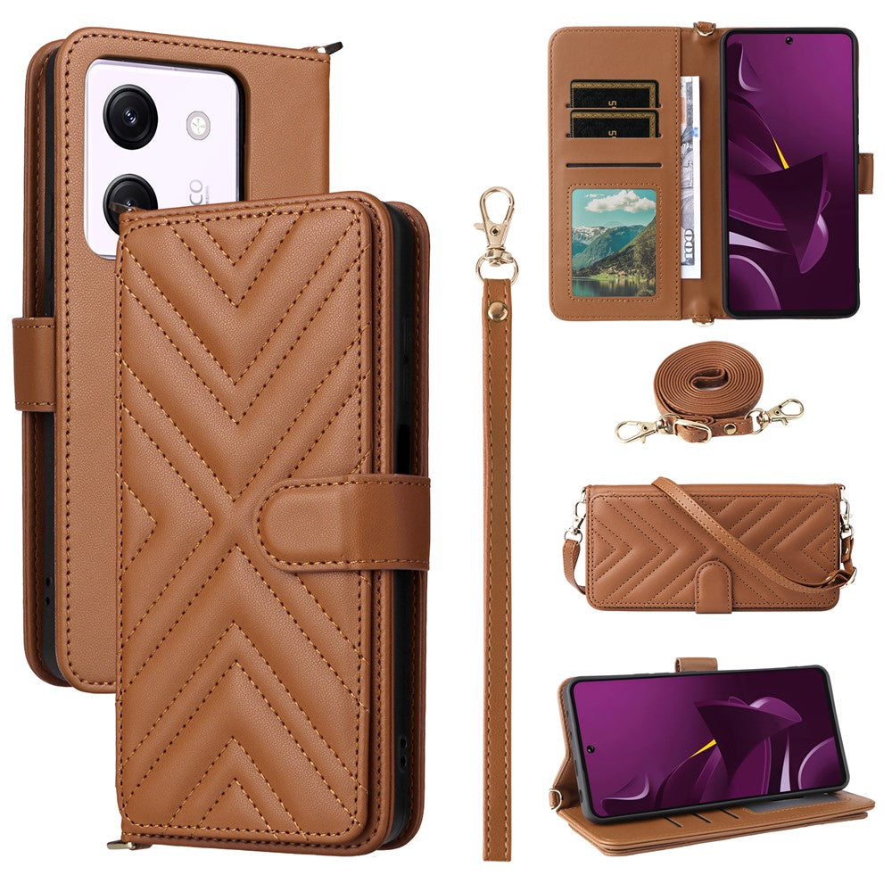 For Xiaomi Poco M7 Pro 5G Wallet Case with Shoulder / Wrist Strap Leather Phone Cover Stand
