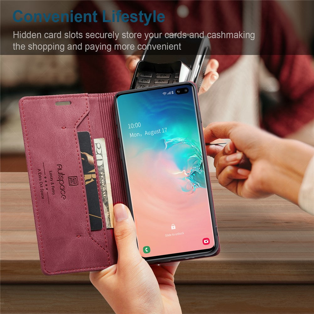 AUTSPACE For Samsung Galaxy S10 Plus Wallet Case  A01 Leather Stand Cover with RFID Blocking Card Holder