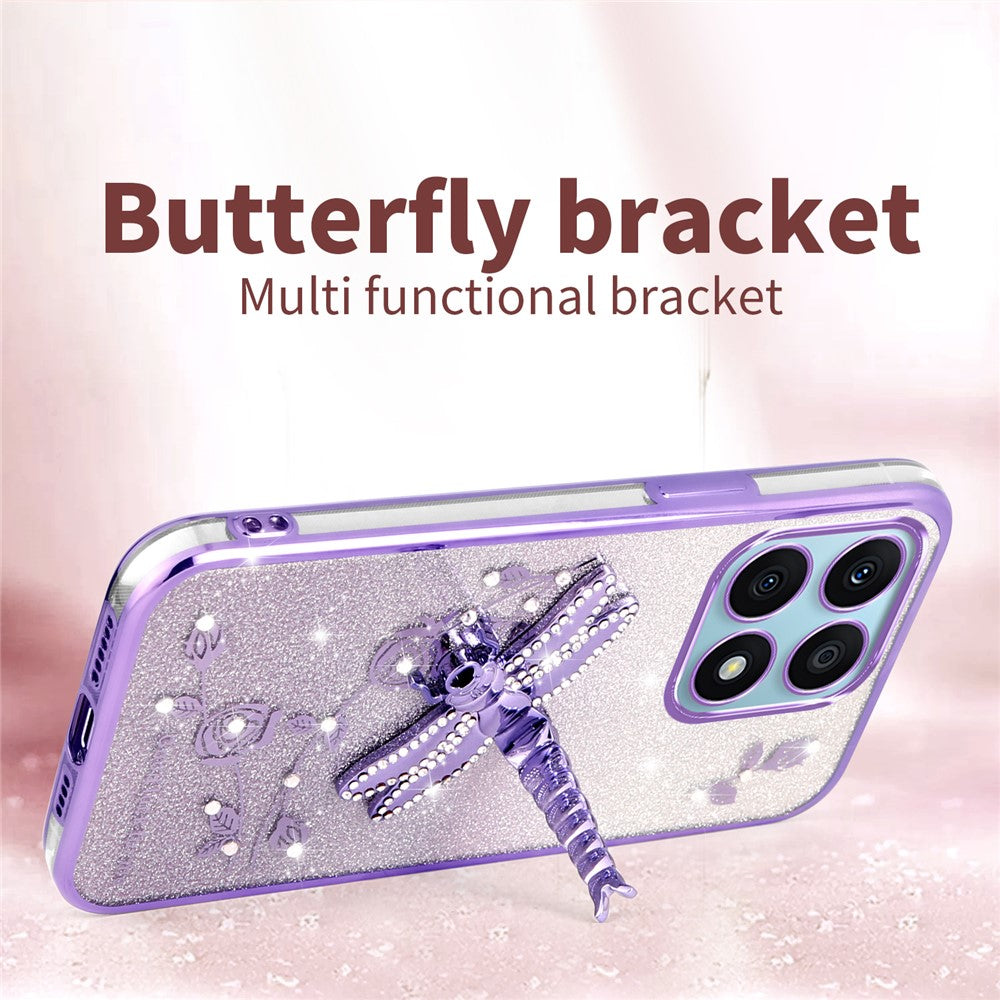 KADEM For Honor X8a 4G Etui Guldsmed Kickstand TPU Blomster Glitter Telefoncover