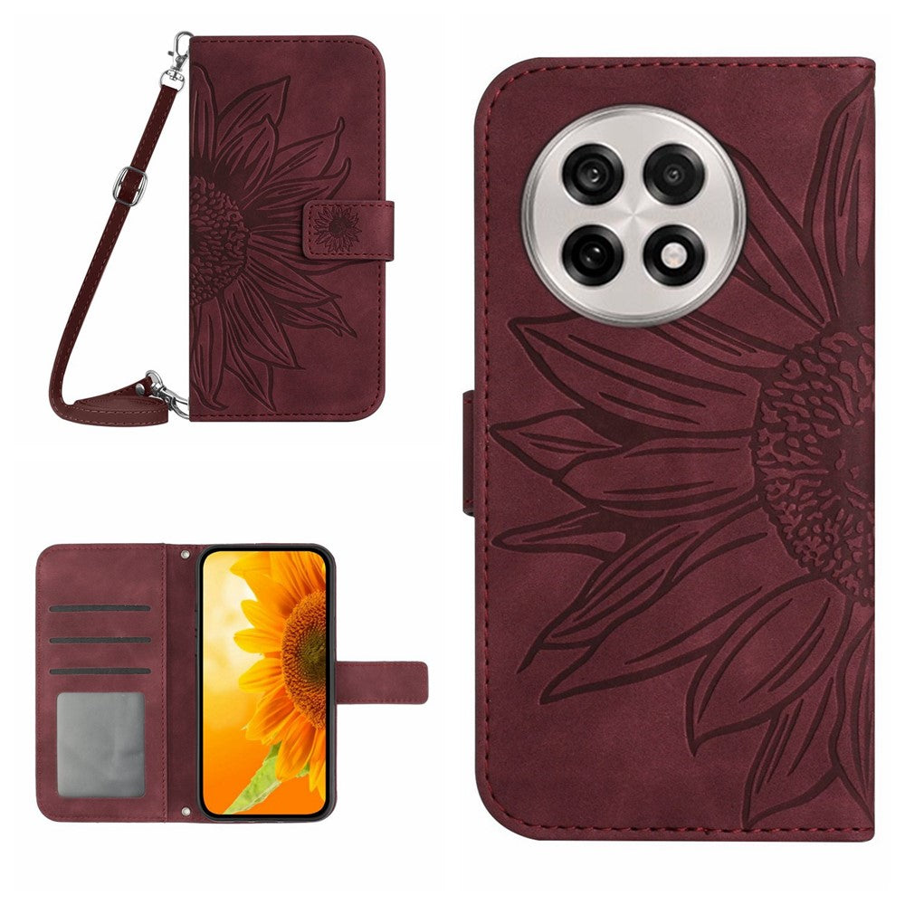 OnePlus 13R 5G-skal Sunflower Imprint PU-lädermobilskal med lång rem