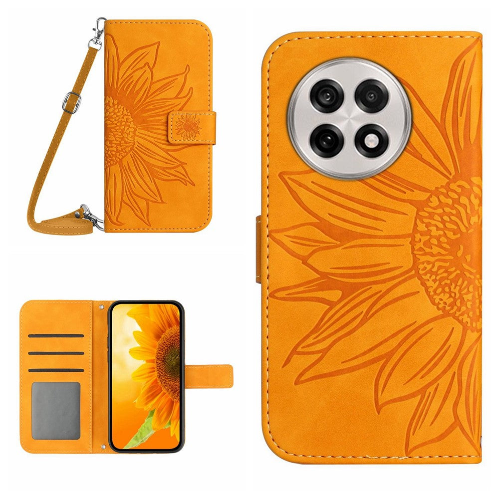 OnePlus 13R 5G-skal Sunflower Imprint PU-lädermobilskal med lång rem