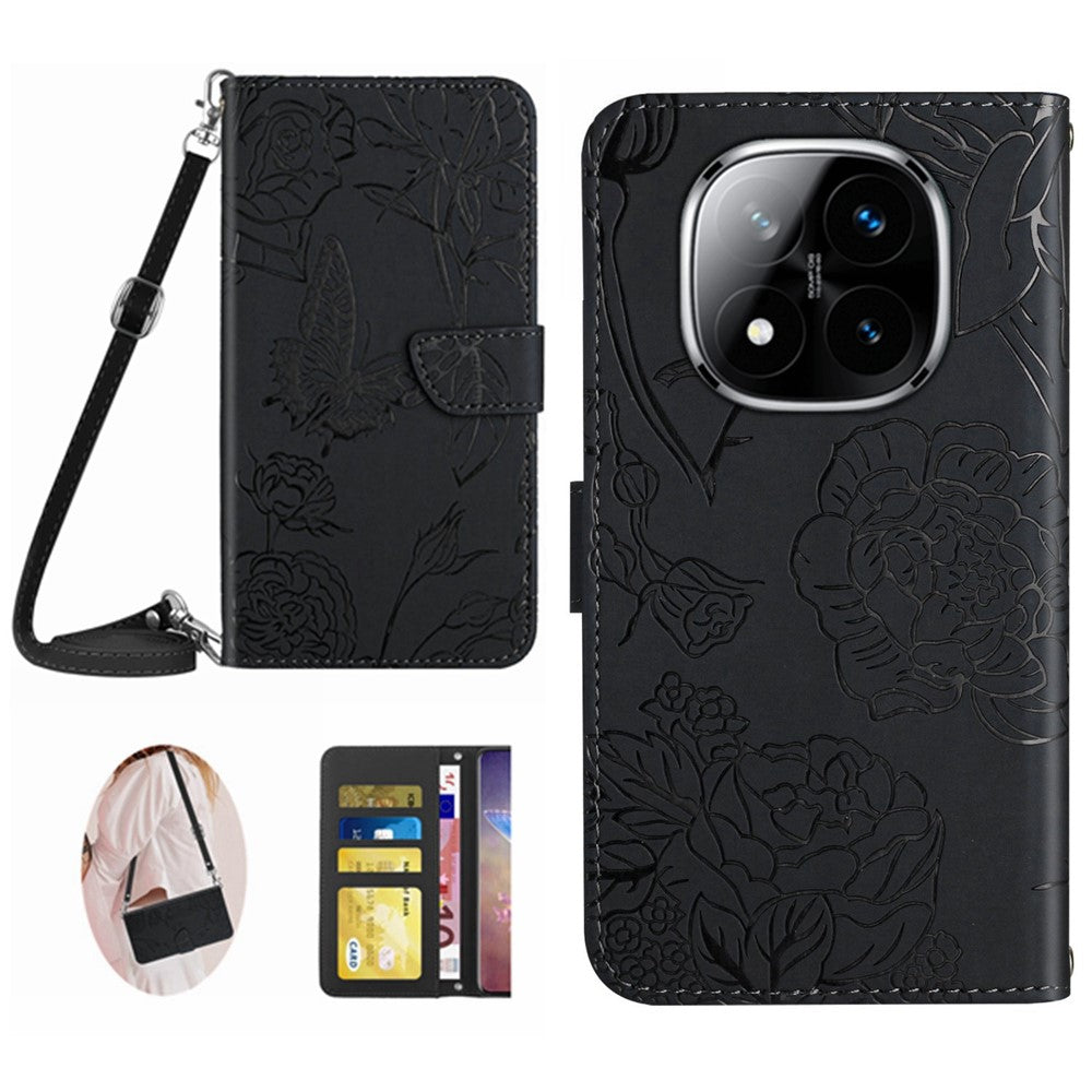 For Xiaomi Redmi Note 14 Pro 4G Case Butterfly Flower Imprint Leather Phone Cover with Shoulder Strap