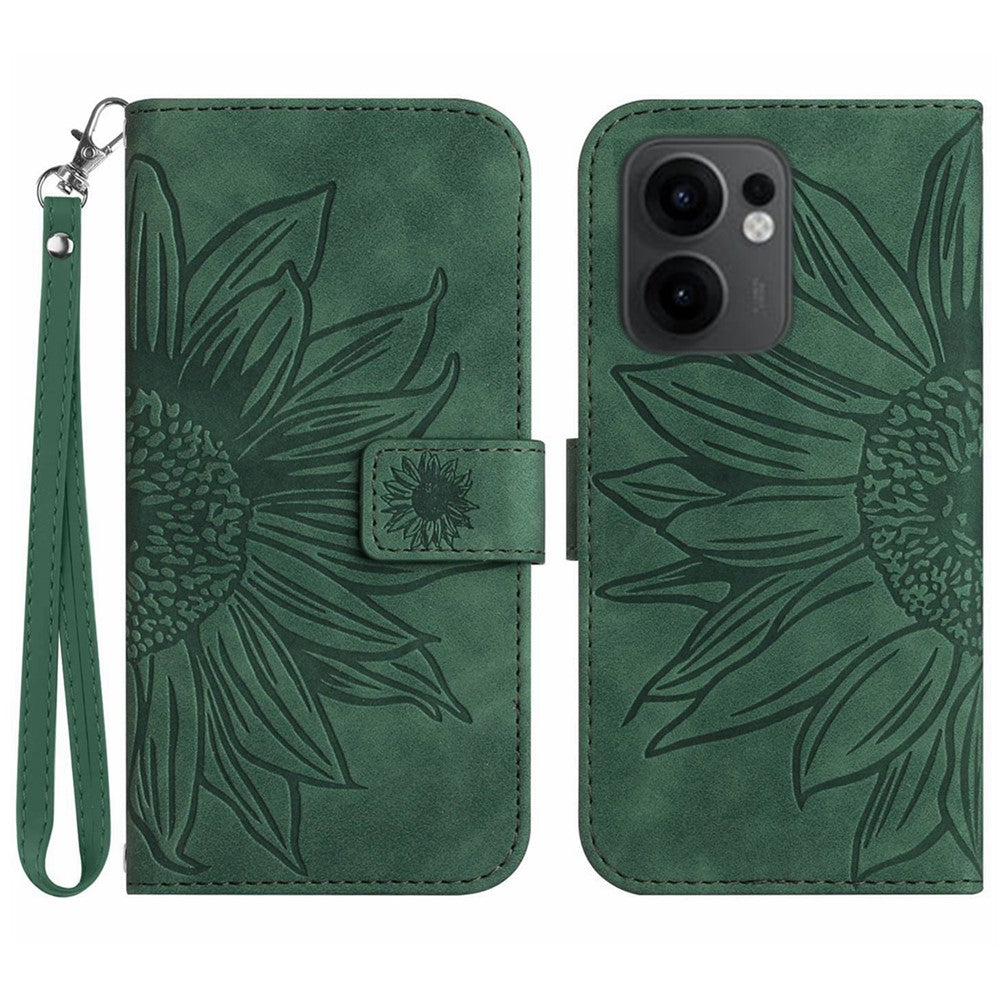 Sunflower-mönstrat läderplånboksskal för Oppo Reno13 F 5G (Reno 13 FS 5G) / 4G med handledsrem